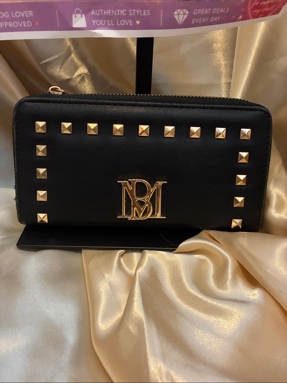 Badgley Mischka Black Studded Zip Wallet with Gold Logo - Picture 1 of 3